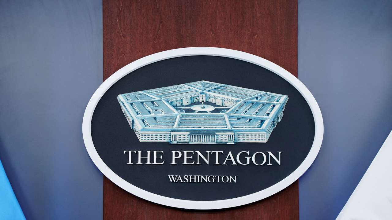 The Pentagon logo in the briefing room at the Pentagon in Washington, D.C.