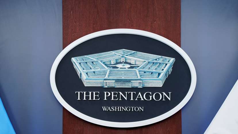 The Pentagon logo in the briefing room at the Pentagon in Washington, D.C.