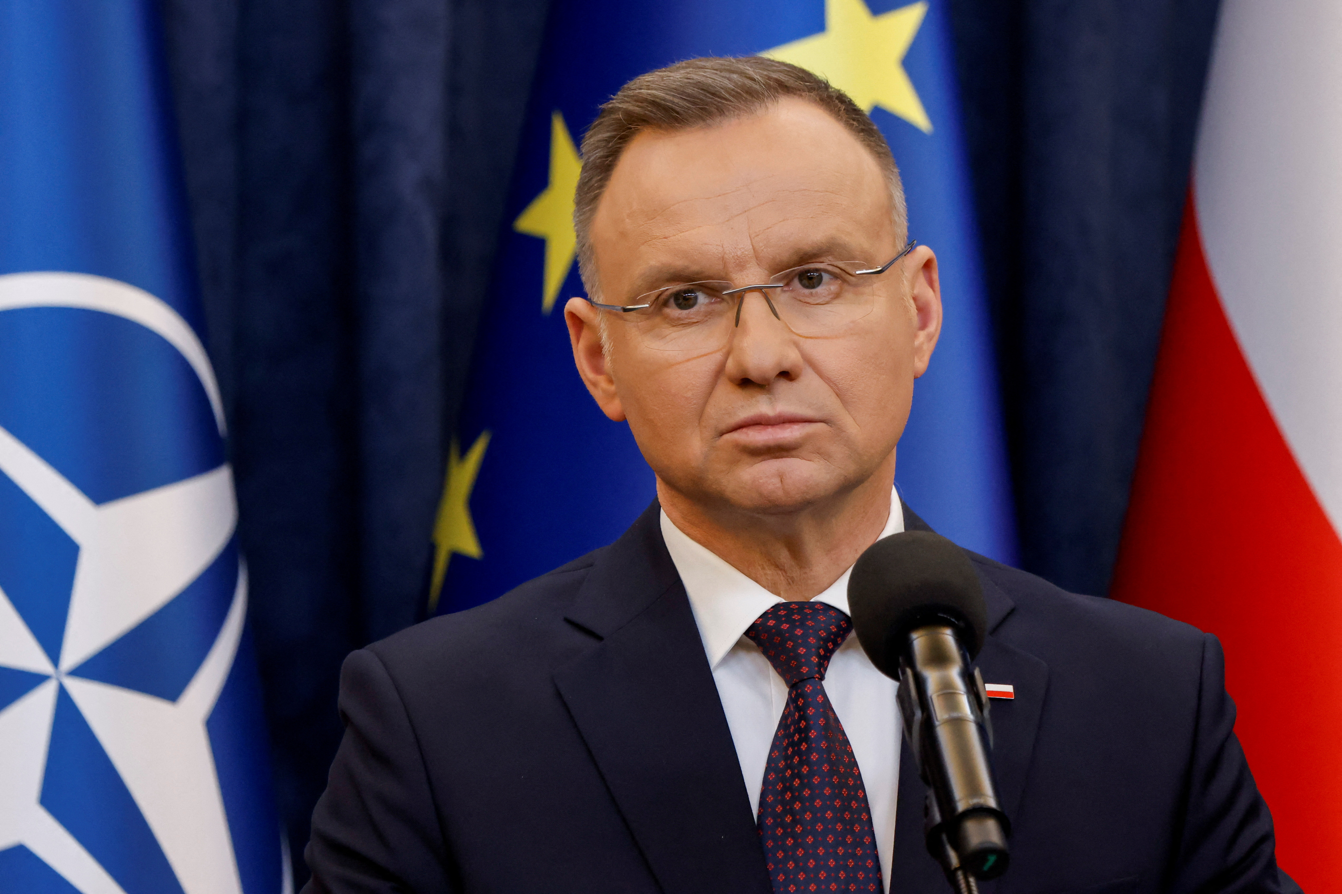 Polish President Andrzej Duda gives a statement to media about the pardon of the jailed former ministers, in Warsaw