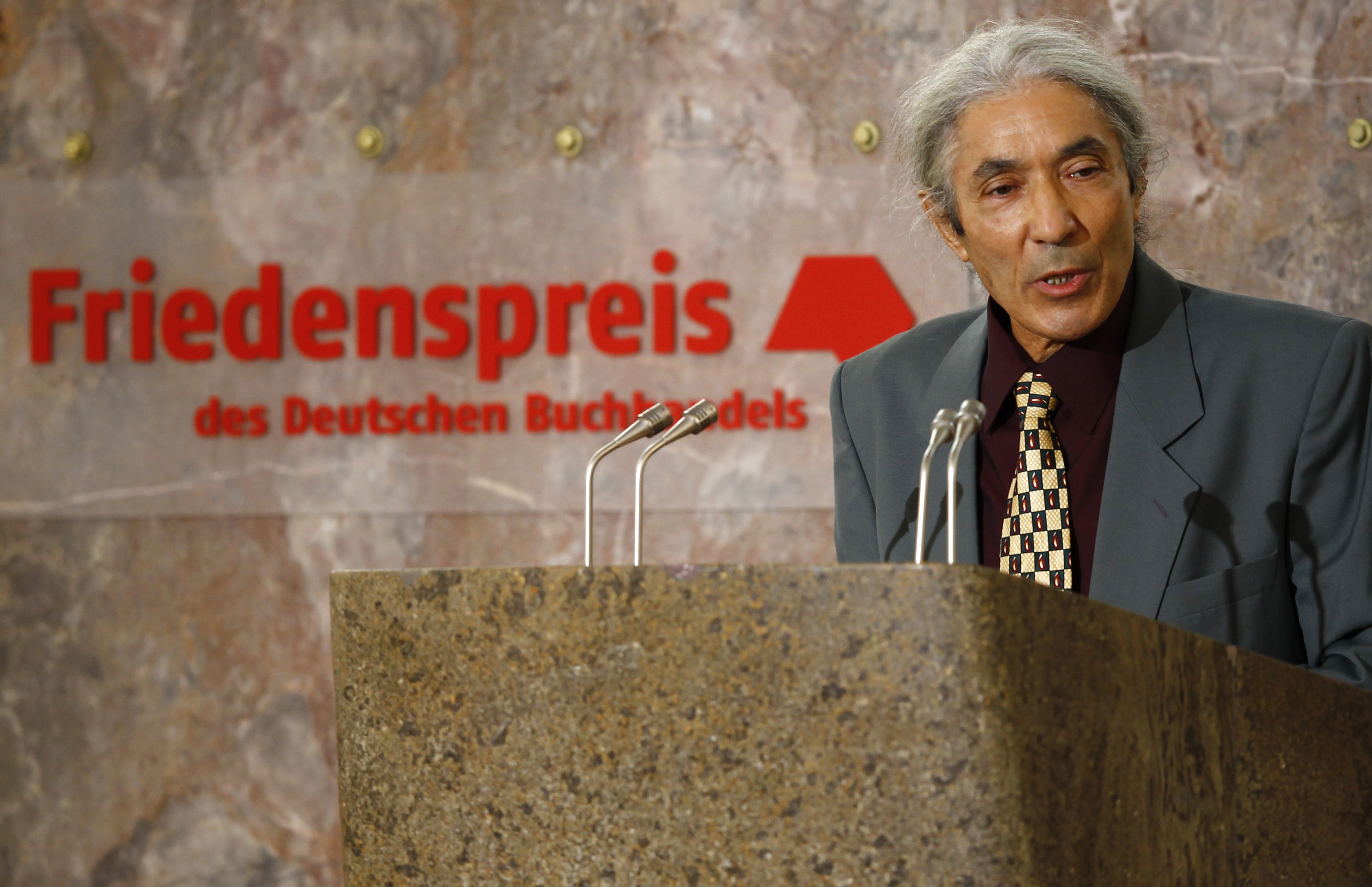 Algerian writer Boualem Sansal delivers his speech after receiving the Peace Prize of German book seller's association in Frankfurt