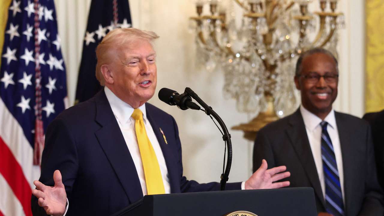U.S. President Donald Trump speaks during a Black History Month reception at the White House in Washington