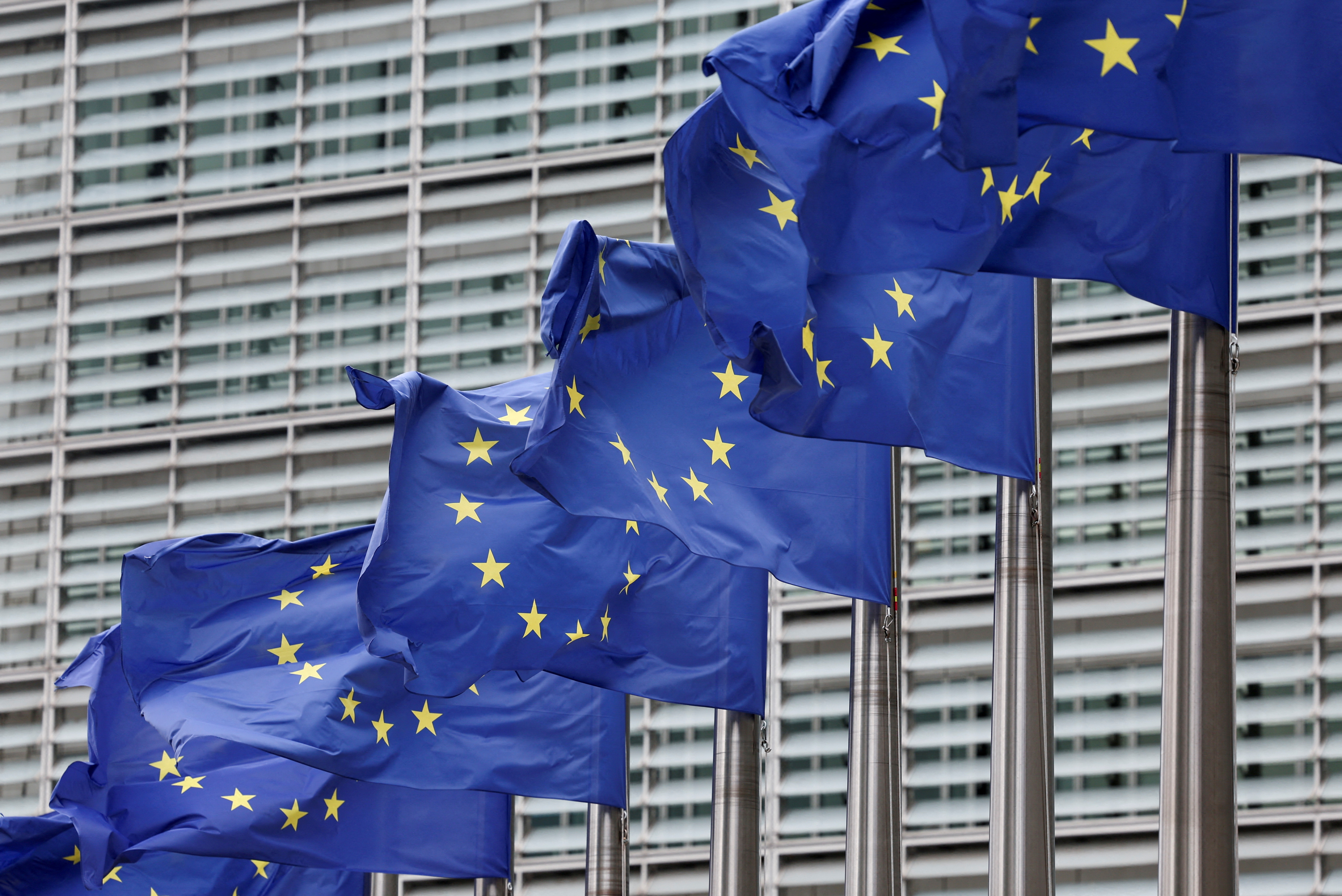 FILE PHOTO: European Union flags flutter outside the EU Commission headquarters in Brussels