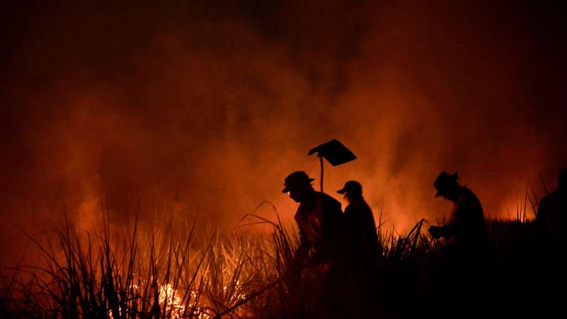 FILE PHOTO: Firefighters tackle fire in a field as forest fires ravage the Bolivian Amazon, in San Buenaventura
