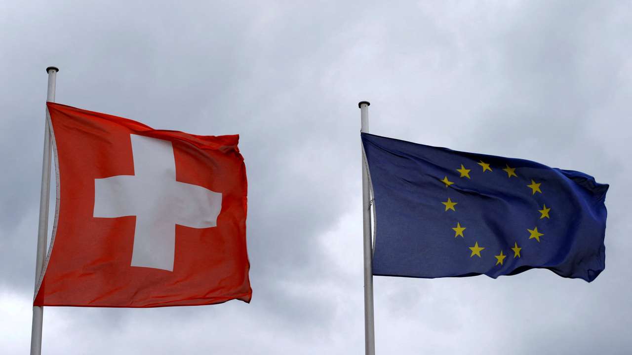 FILE PHOTO: An EU flag flies beside Switzerland's national flag near the German-Swiss border in Rheinfelden