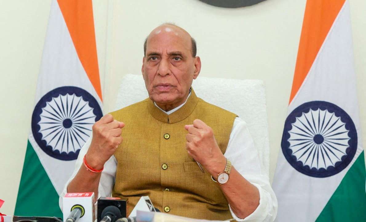 India's Defence Minister Rajnath Singh addresses after virtually inaugurated the BrahMos Integration and Testing Facility Centre opening in Lucknow