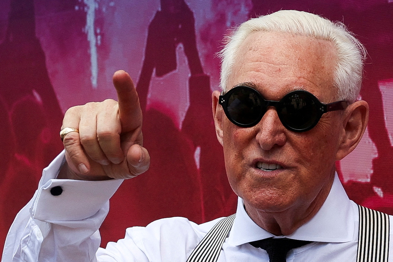 FILE PHOTO: Former U.S. President Donald Trump's longtime associate and political advisor Roger Stone gestures inside the perimeter of the RNC, in Milwaukee