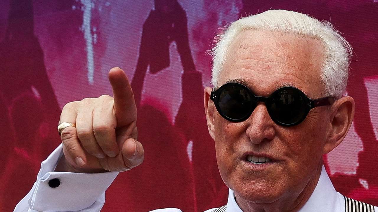 FILE PHOTO: Former U.S. President Donald Trump's longtime associate and political advisor Roger Stone gestures inside the perimeter of the RNC, in Milwaukee