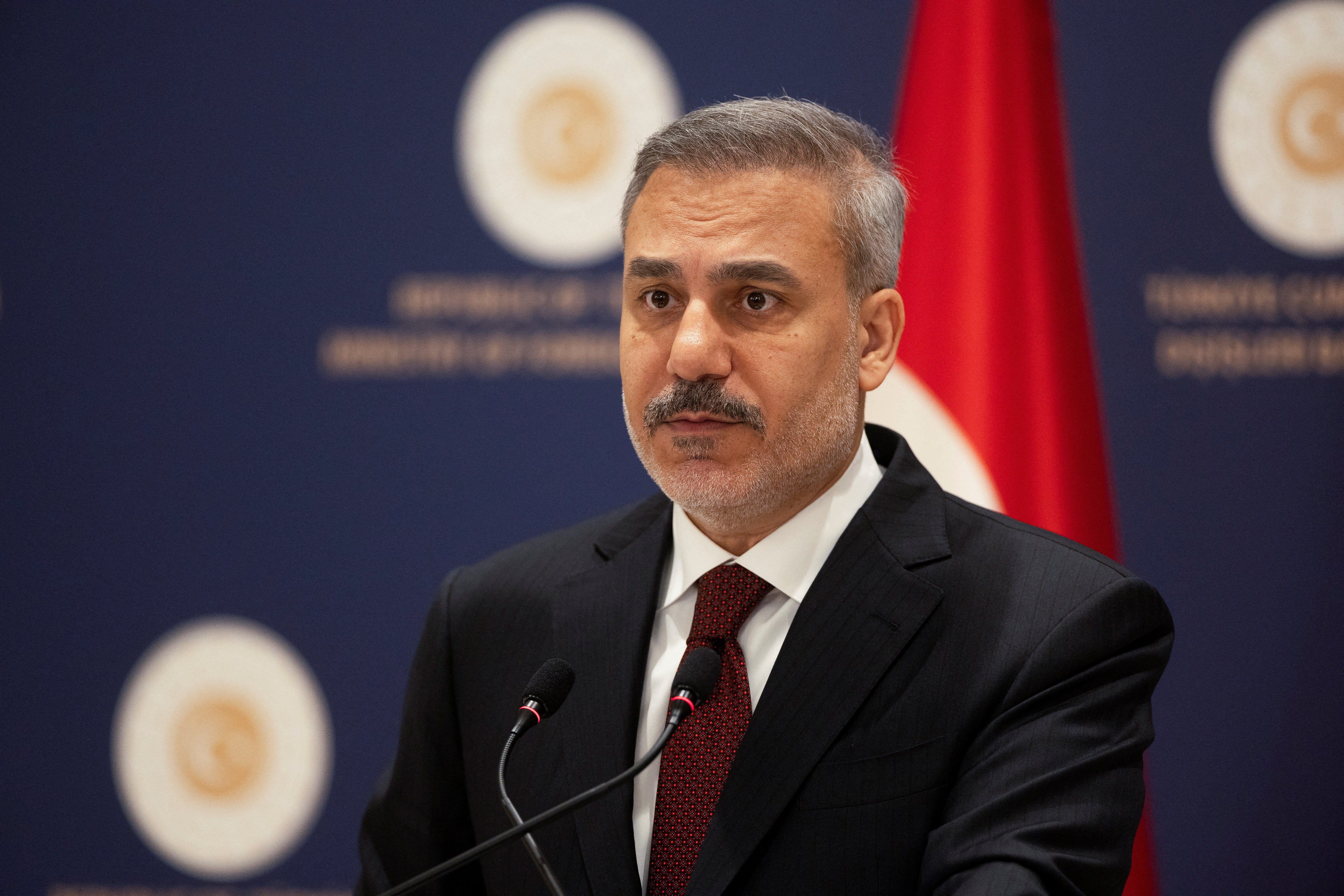 Turkish Foreign Minister Hakan Fidan speaks during a press conference in Istanbul