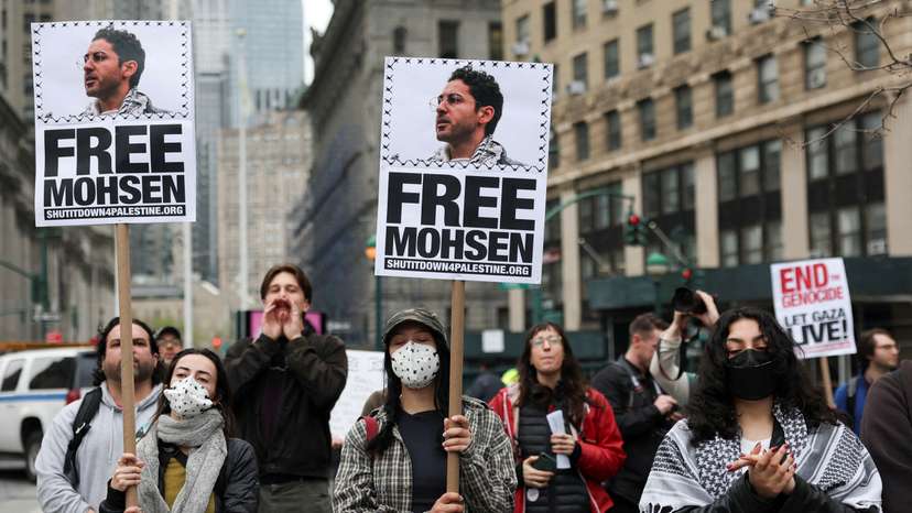 Protesters gather to call for the release of Mahmoud Khalil, in Manhattan
