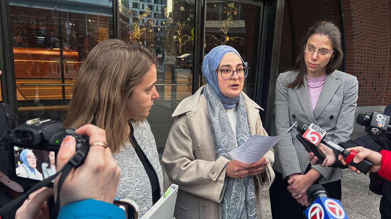 Rumeysa Ozturk, a Turkish student at Tufts University, speaks to reporters outside the federal court in Boston