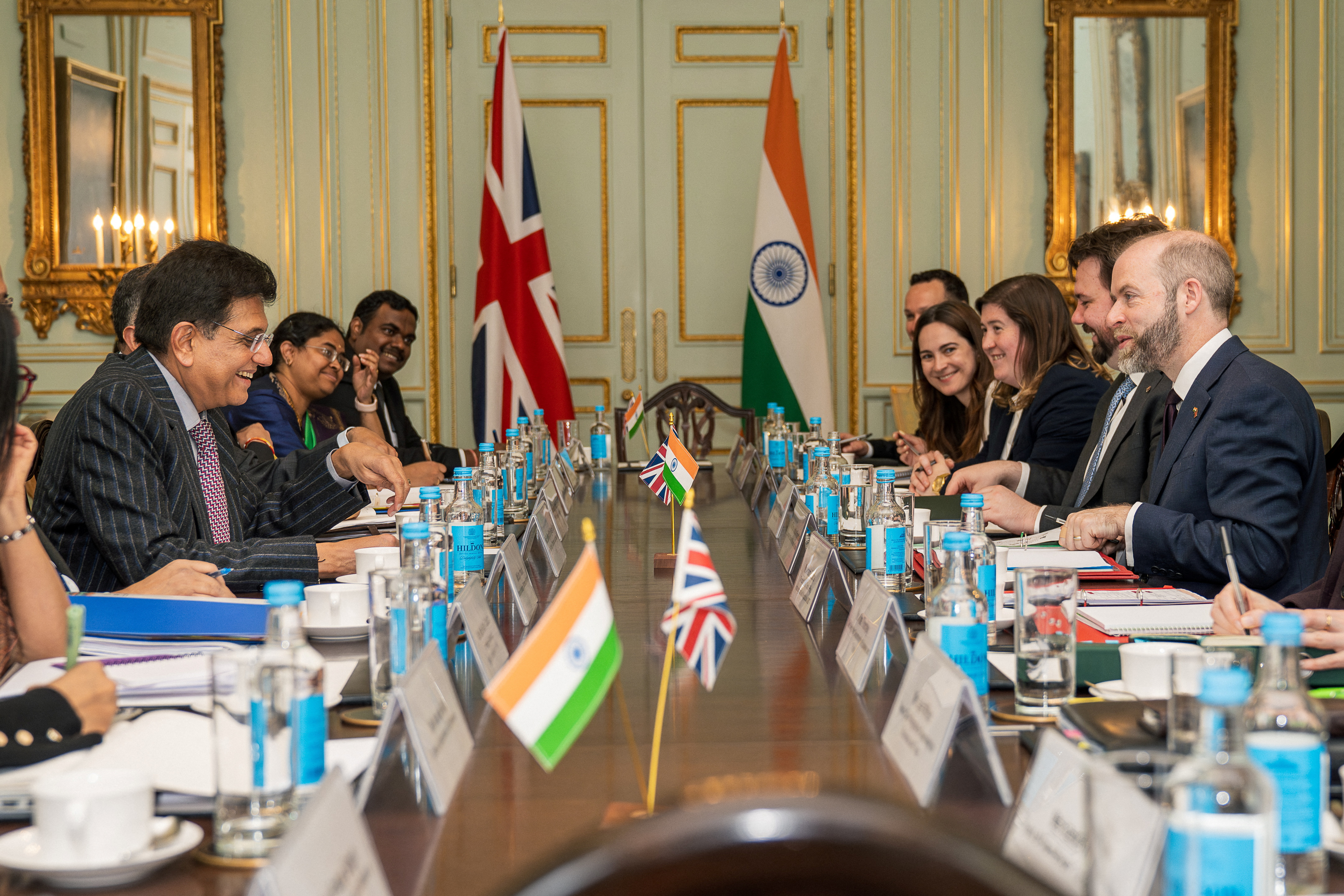 Britain's Secretary of State for Business and Trade Jonathan Reynolds welcomes Indian Minister of Commerce and Industry Piyush Goyal for trade talks, in London
