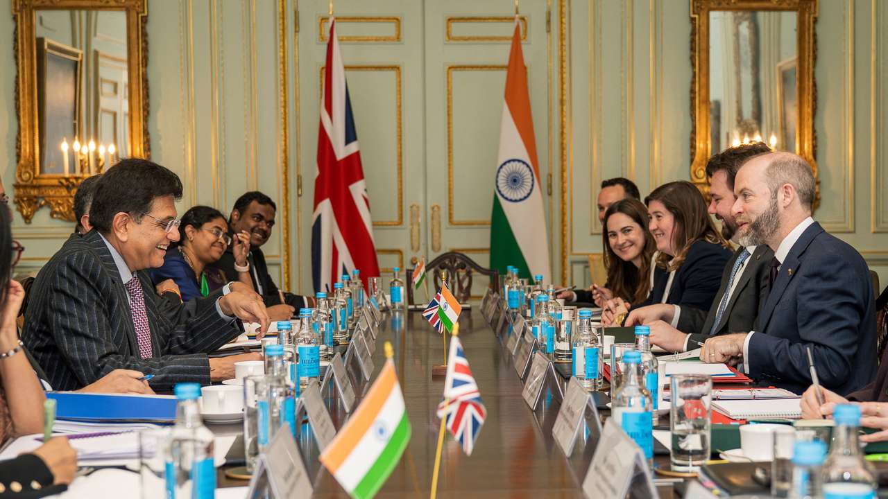 Britain's Secretary of State for Business and Trade Jonathan Reynolds welcomes Indian Minister of Commerce and Industry Piyush Goyal for trade talks, in London