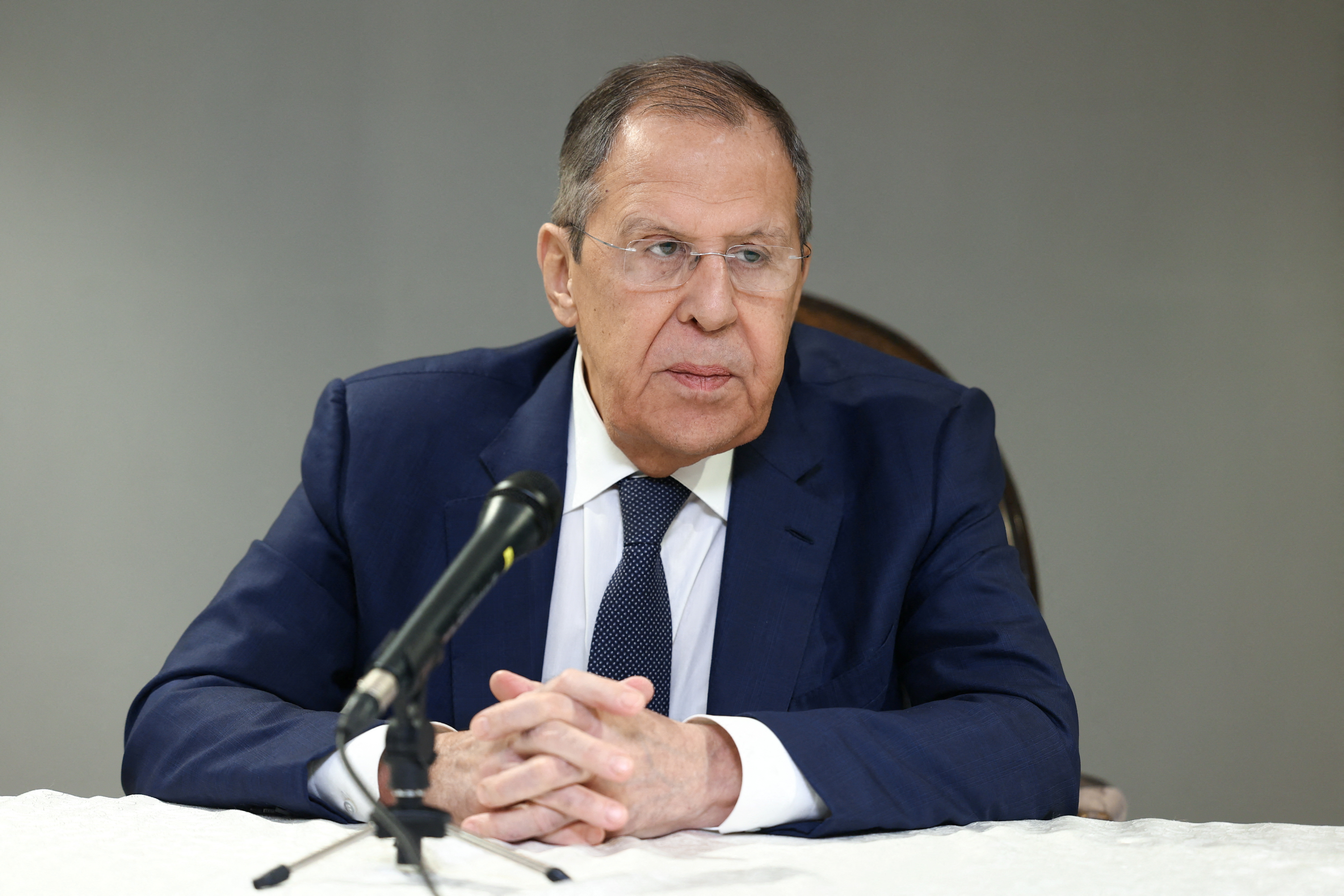 Russian Foreign Minister Sergei Lavrov attends a press conference in Riyadh
