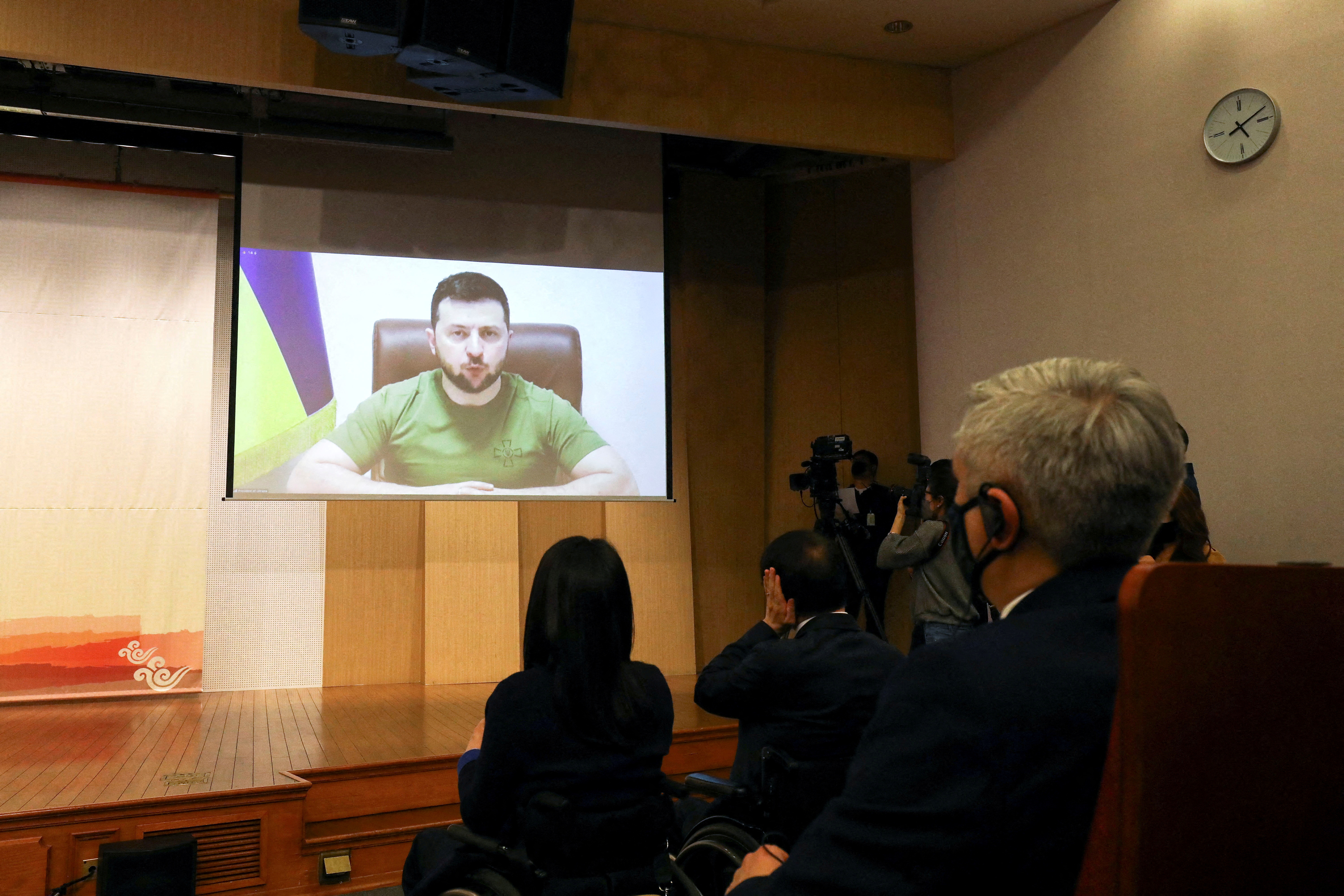 FILE PHOTO: Ukrainian President Zelenskiy addresses South Korean Parliament