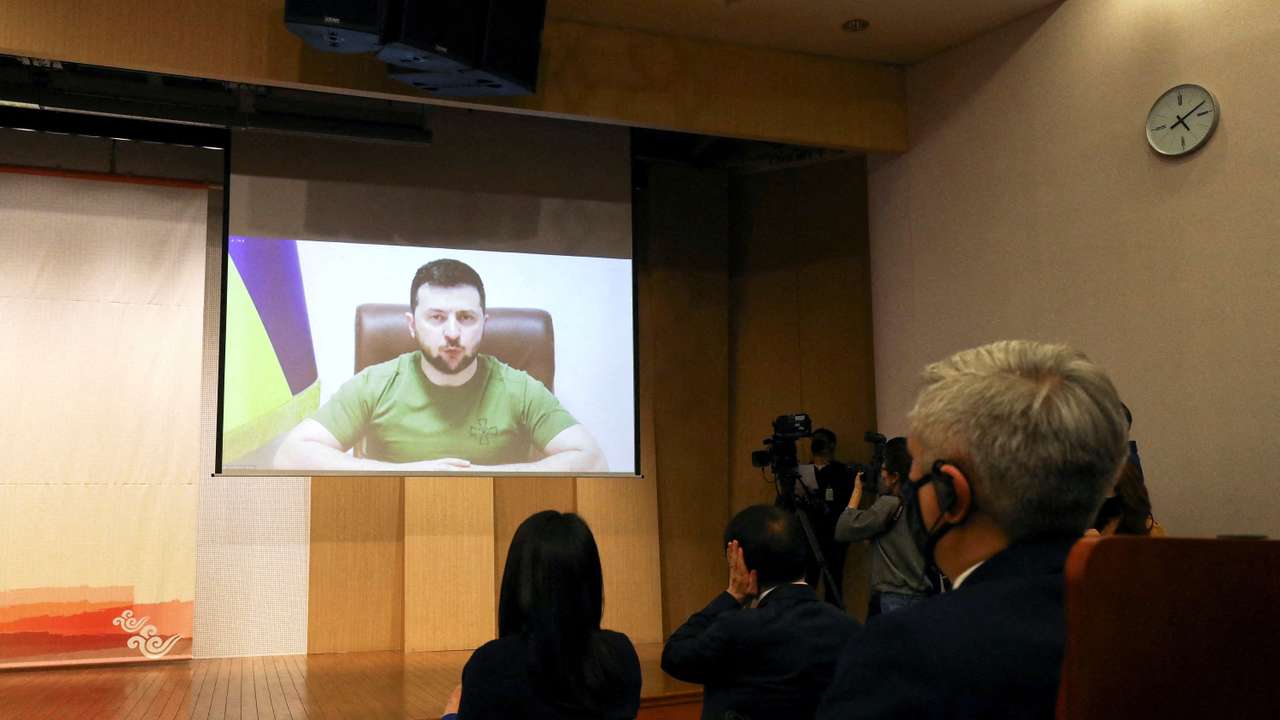 FILE PHOTO: Ukrainian President Zelenskiy addresses South Korean Parliament