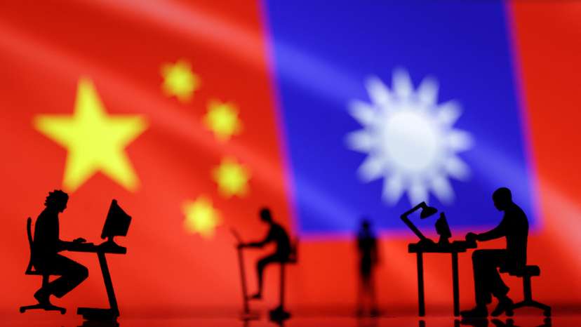 Illustration shows small figurines with computers, Chinese and Taiwanese flags