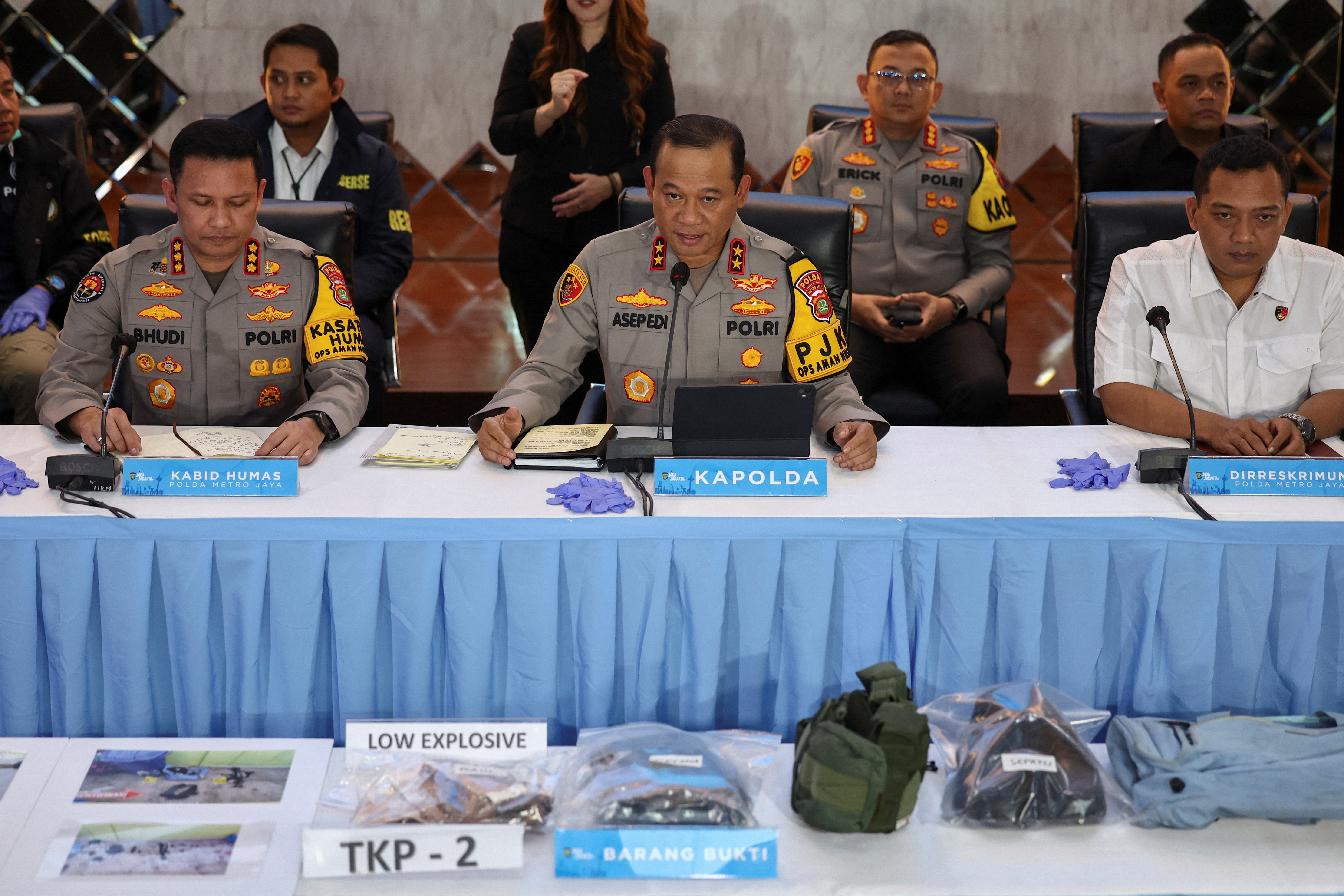 Press conference with Jakarta police following explosions at a mosque inside a school complex in Jakarta