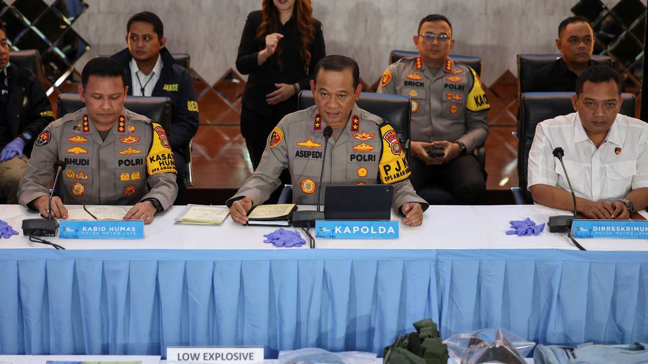 Press conference with Jakarta police following explosions at a mosque inside a school complex in Jakarta