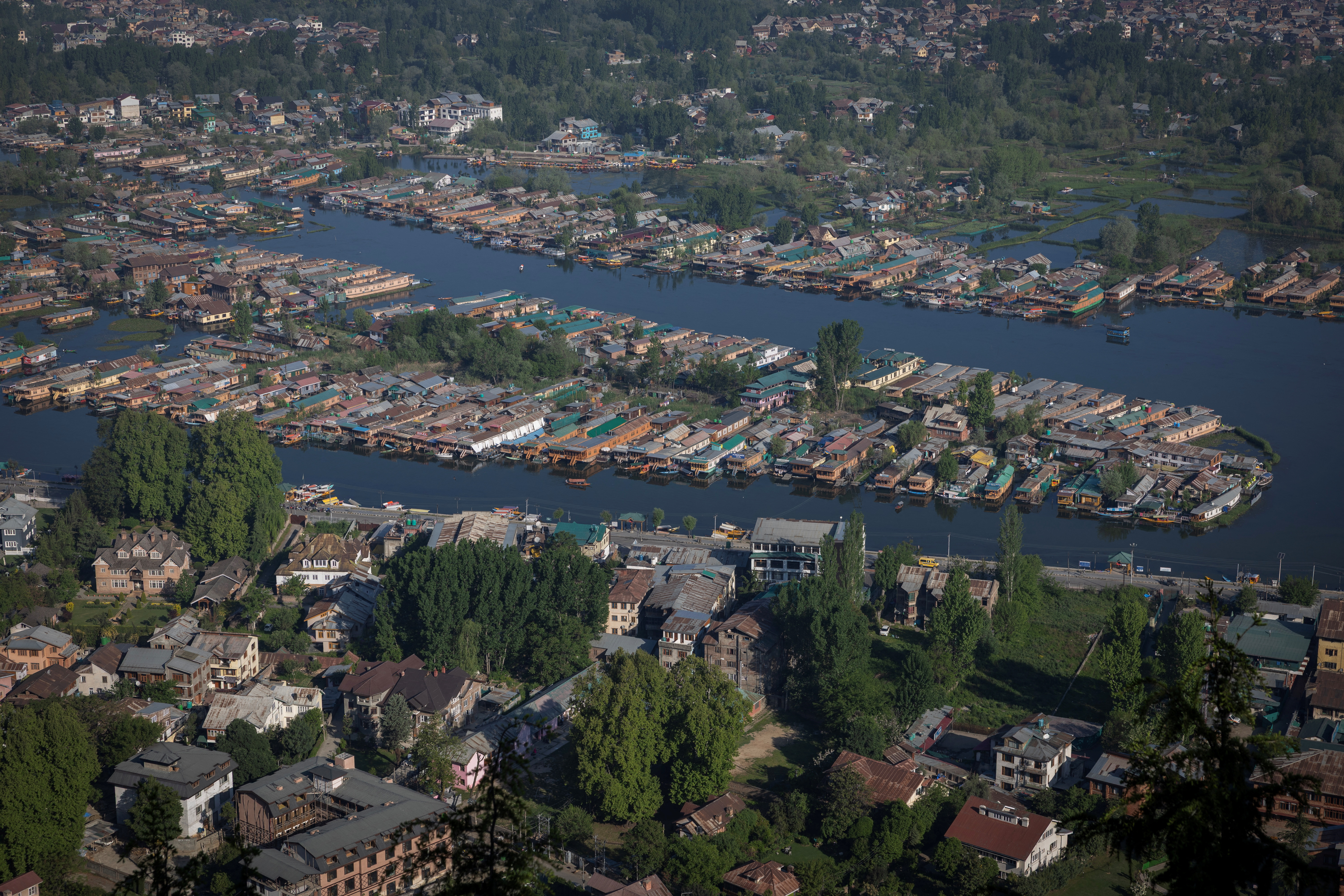 FILE PHOTO: An aerial view of house boats in the waters of Dal Lake in Srinagar