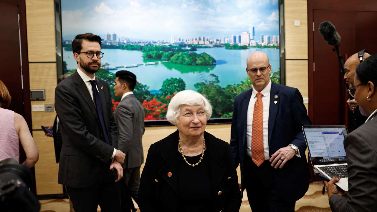 U.S. Treasury Secretary Janet Yellen attends a press briefing in Guangzhou,