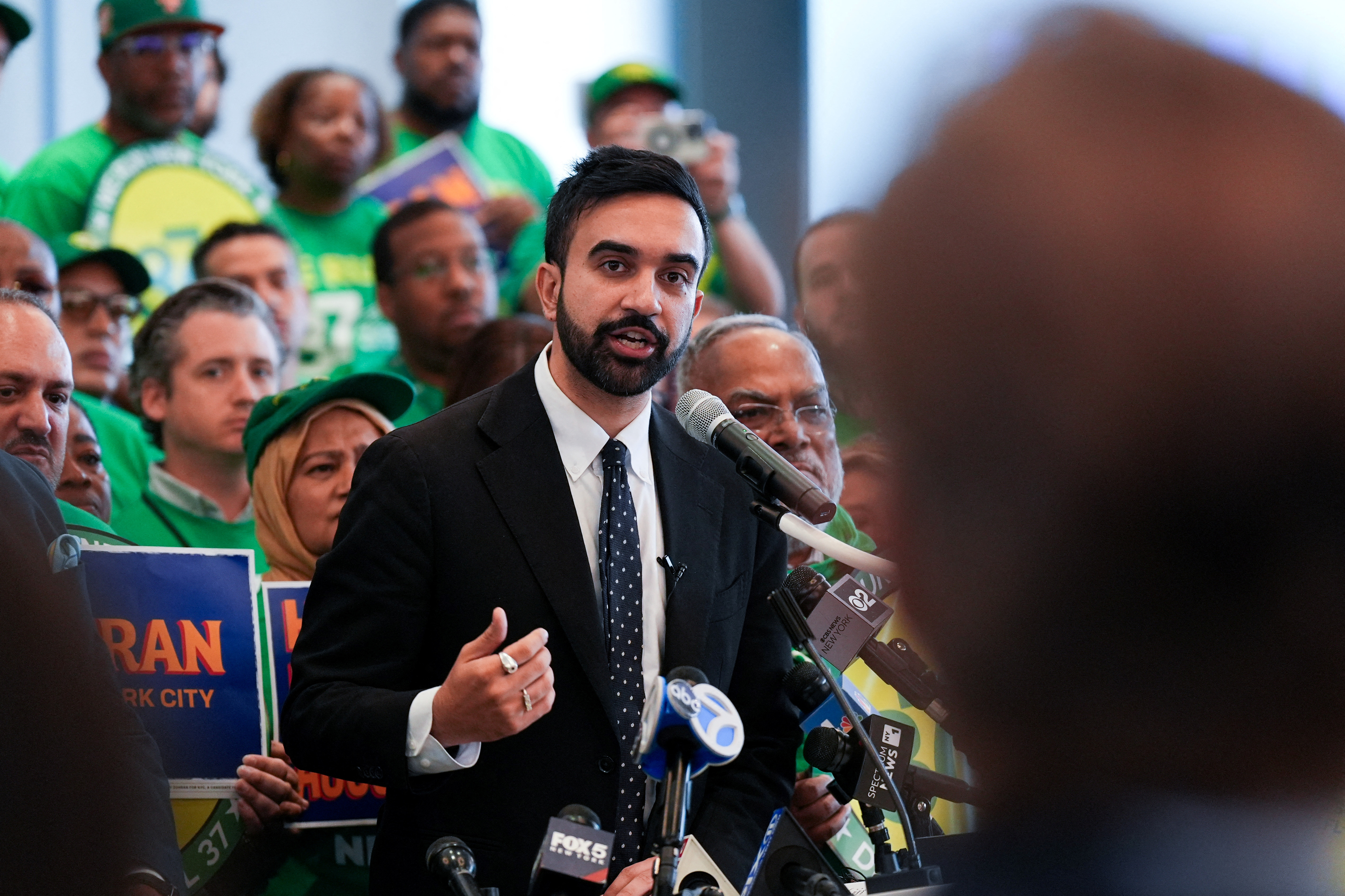 New York City mayoral candidate Zohran Mamdani DC 37 endorsement event