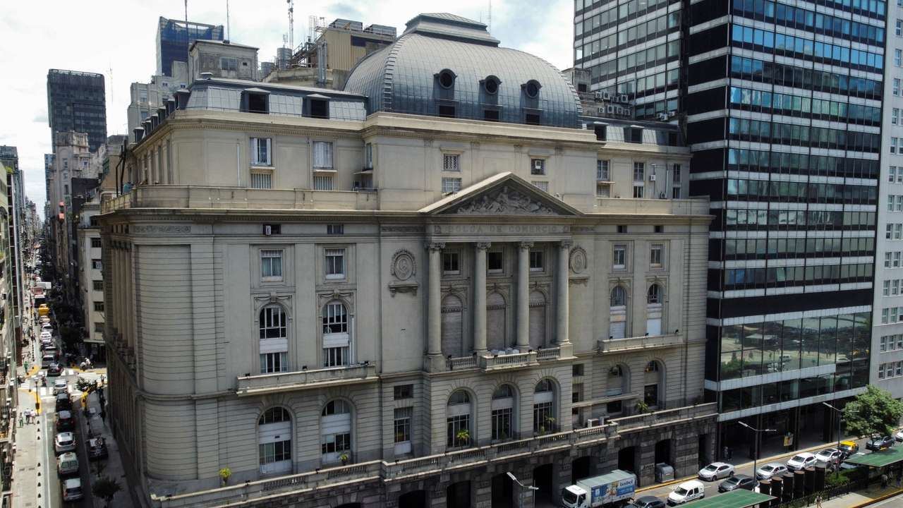 A drone view shows the facade of the Buenos Aires Stock Exchange