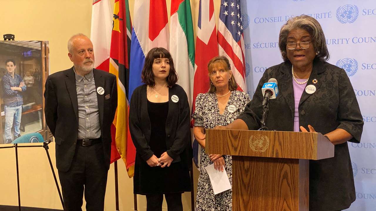 FILE PHOTO: U.S. Ambassador to the U.N. Linda Thomas-Greenfield speaks, as WSJ reporter Gershkovich's family stands beside, in New York