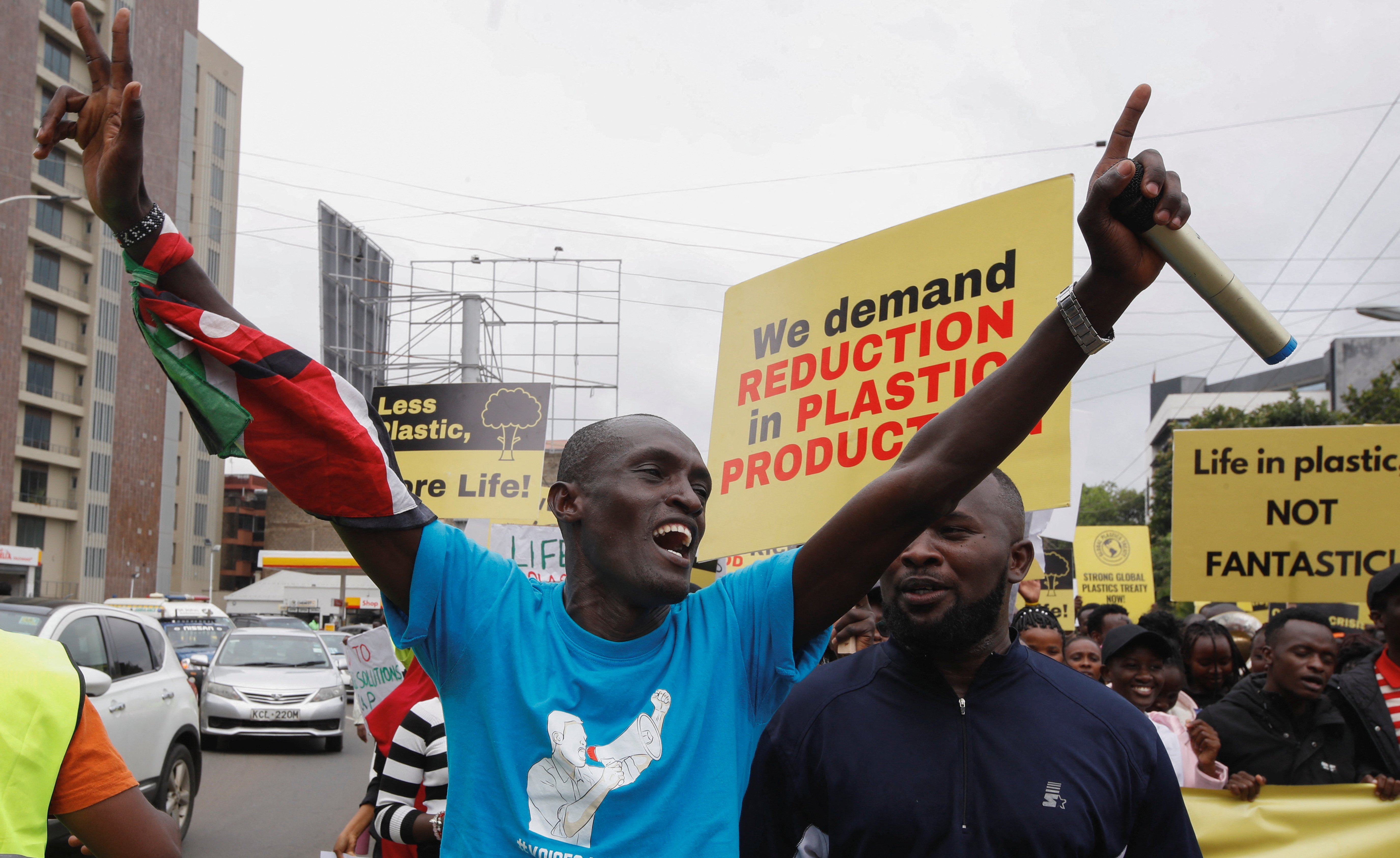 Climate activists participate in a protest demanding a reduction in global plastic production during the Break Free From Plastic Movement March, in Nairobi