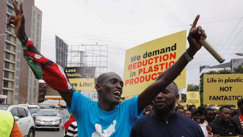 Climate activists participate in a protest demanding a reduction in global plastic production during the Break Free From Plastic Movement March, in Nairobi
