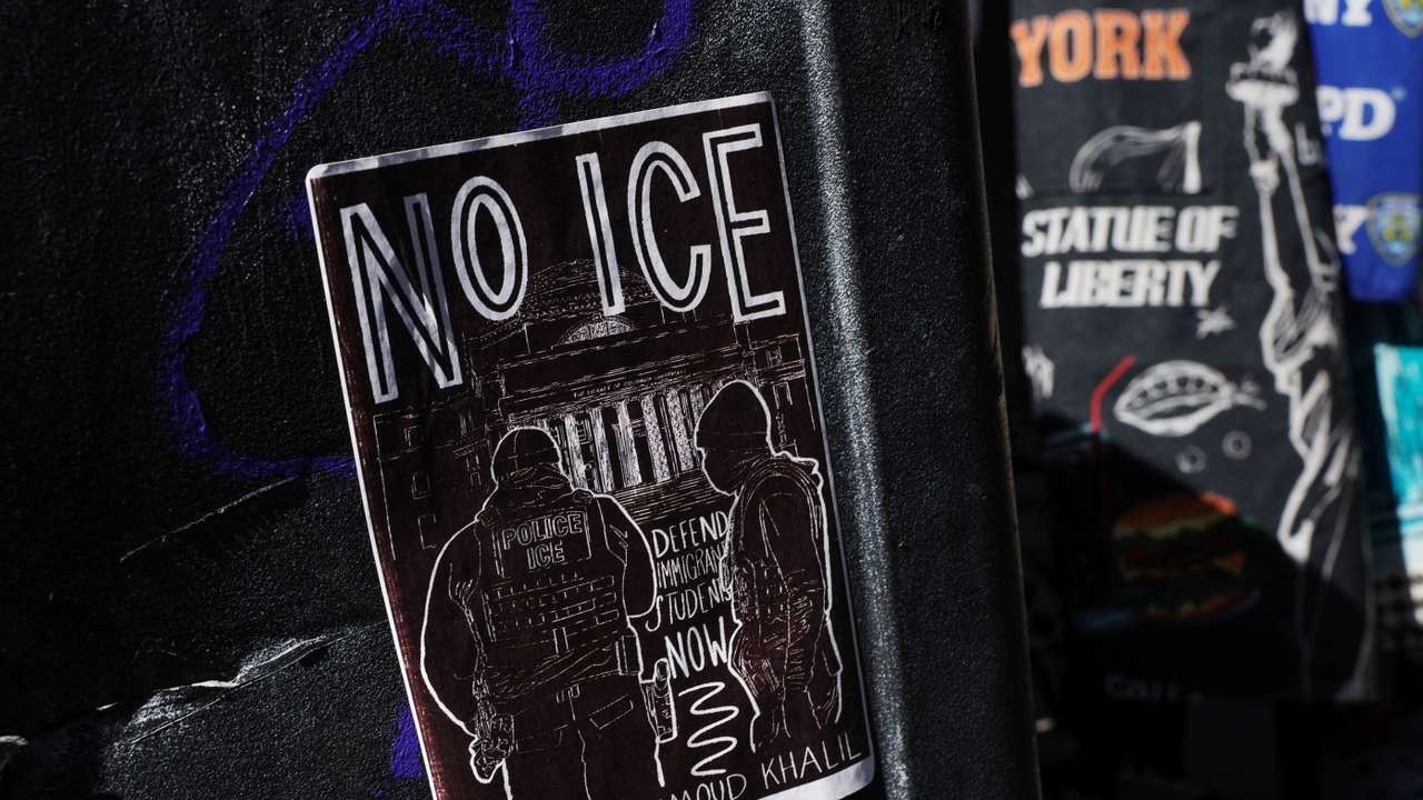 A sticker supporting Columbia University student Mahmoud Khalil is seen on a light post in the Chinatown neighborhood of New York City