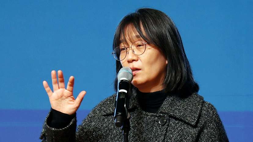 South Korean author Han Kang, the winner of the 2024 Nobel Prize in Literature, makes a speech in Gwangju