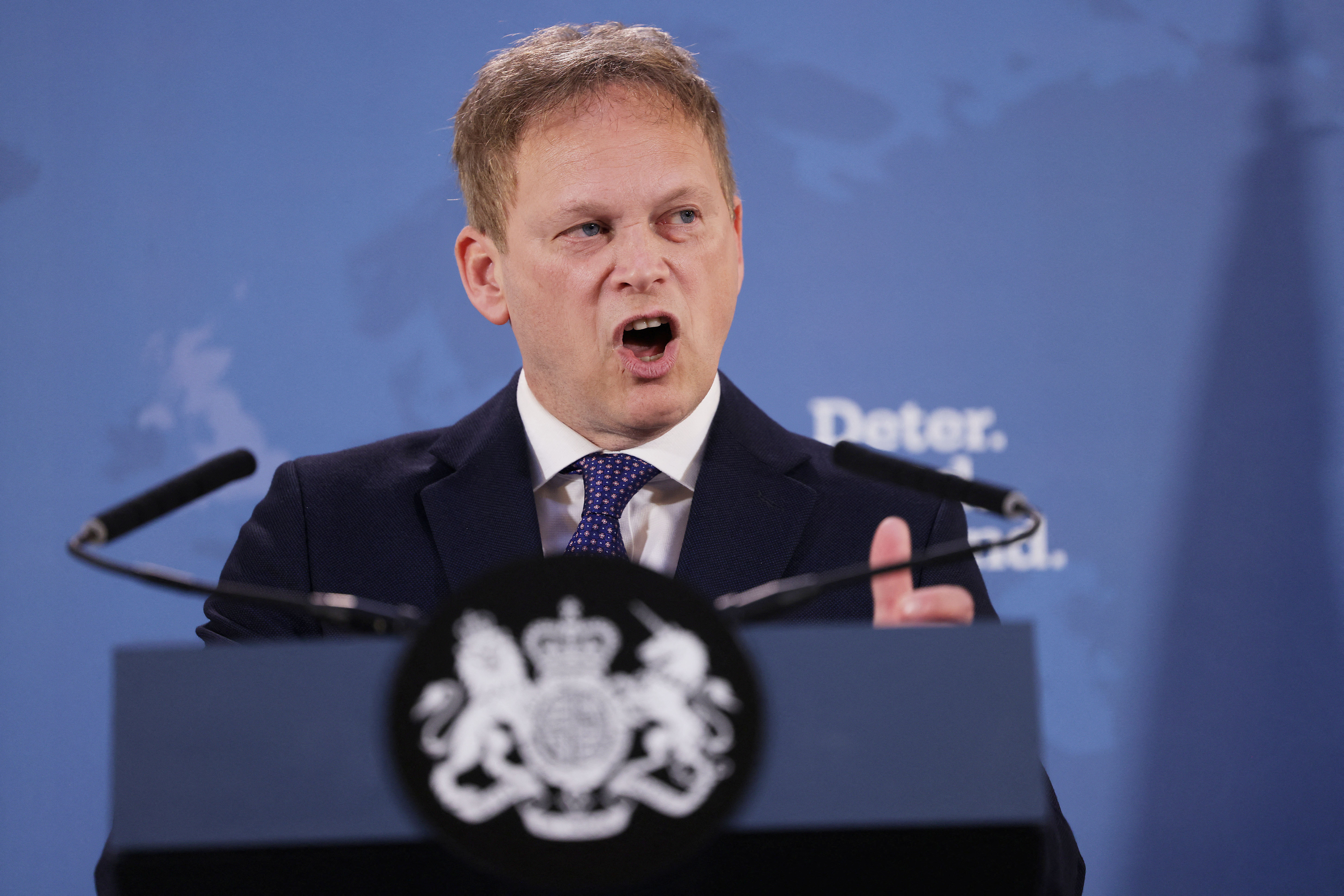 Britain's Defence Secretary Grant Shapps gives a speech at Lancaster House in London