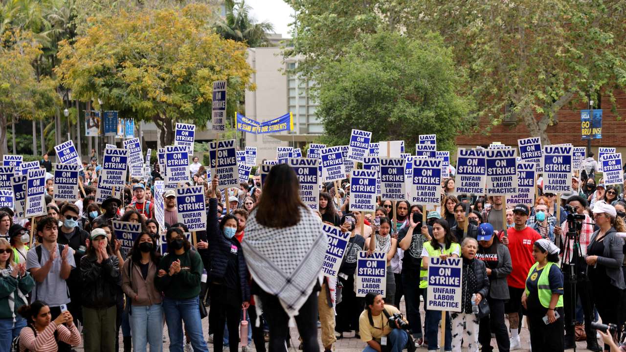 FILE PHOTO: Unionized academic workers, upset about the University of California's response to pro-Palestinian protests at various campuses, strike at UCLA in Los Angeles