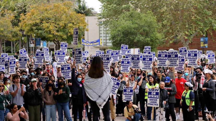 FILE PHOTO: Unionized academic workers, upset about the University of California's response to pro-Palestinian protests at various campuses, strike at UCLA in Los Angeles