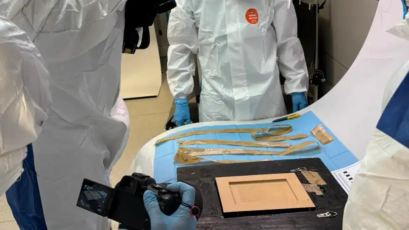 Spanish National Police inspect a Picasso painting "Still Life with Guitar\