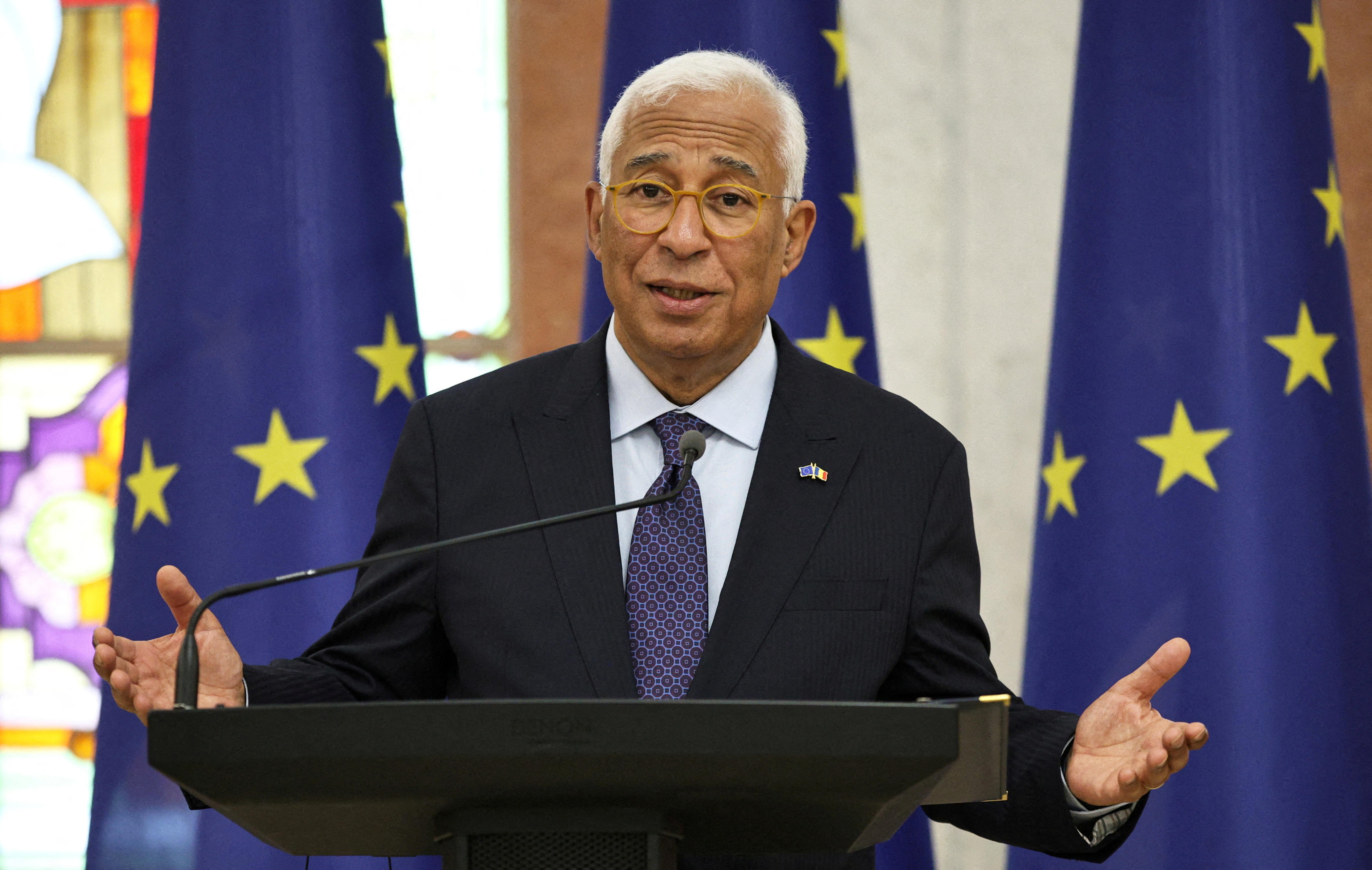 European Council President Antonio Costa and Moldova's President Maia Sandu attend a press conference in Chisinau