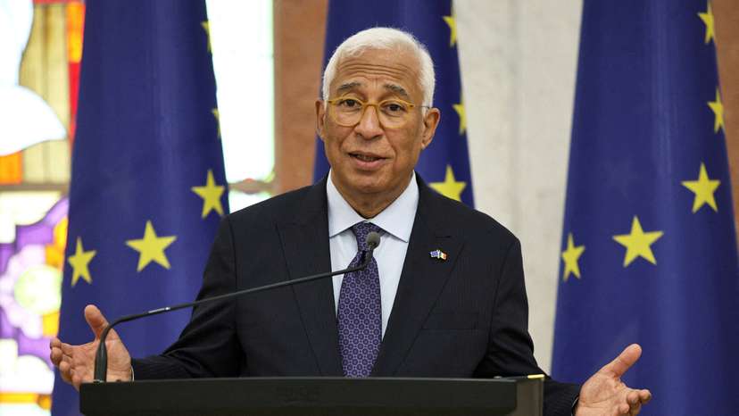 European Council President Antonio Costa and Moldova's President Maia Sandu attend a press conference in Chisinau