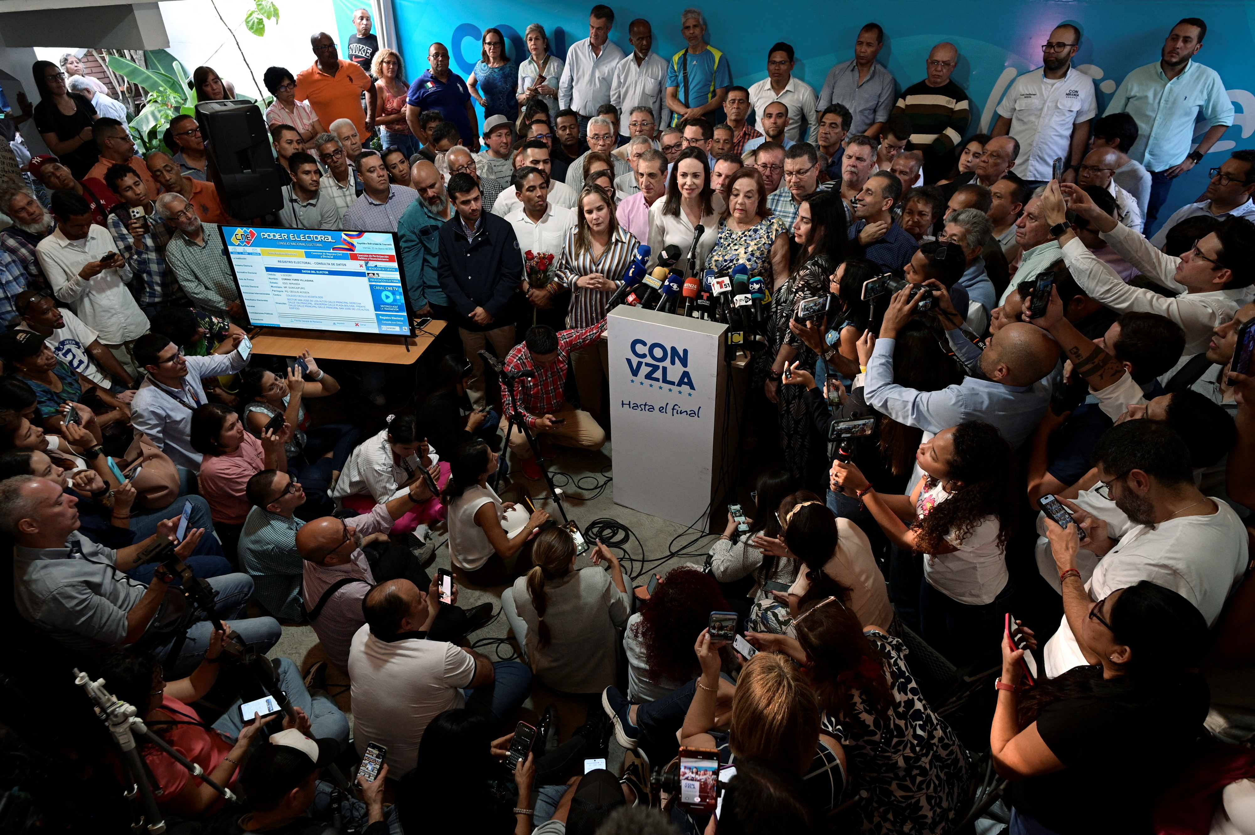 Venezuelan opposition leader Maria Corina Machado addresses the media in Caracas