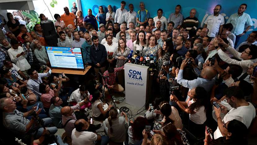 Venezuelan opposition leader Maria Corina Machado addresses the media in Caracas