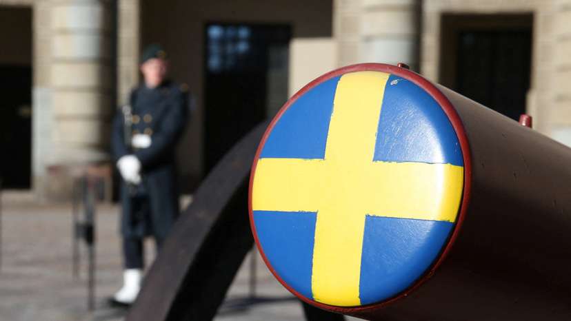 Swedish soldiers participate in the changing of the guard ceremony in Stockholm