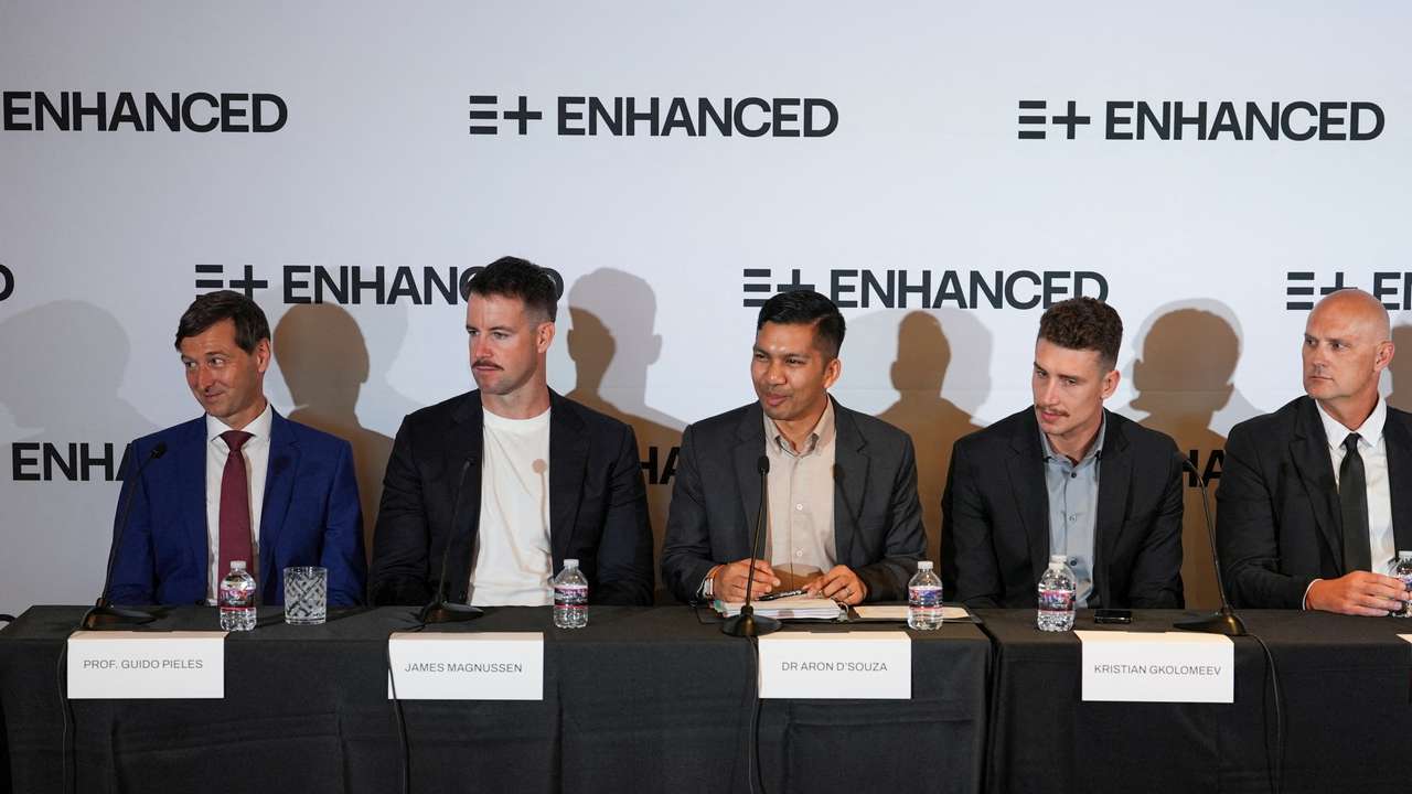 The "Enhanced Games" team attends a press conference to announce new games scheduled for 2026, in Las Vegas