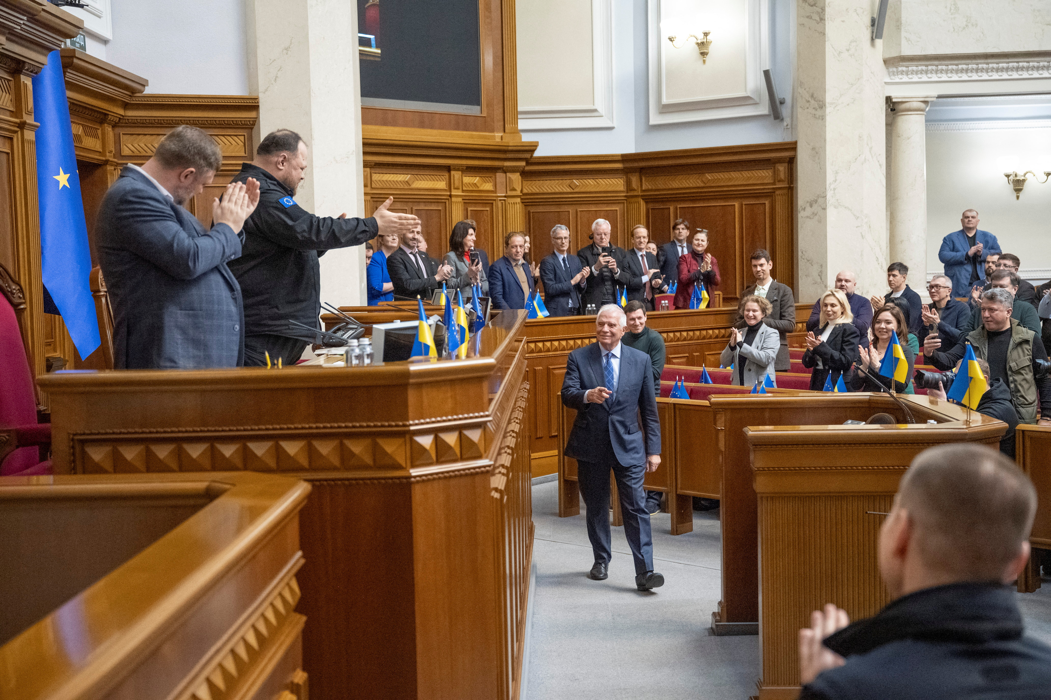 European Union Foreign Policy Chief Borrell addresses Ukrainian lawmakers during a parliament session in Kyiv