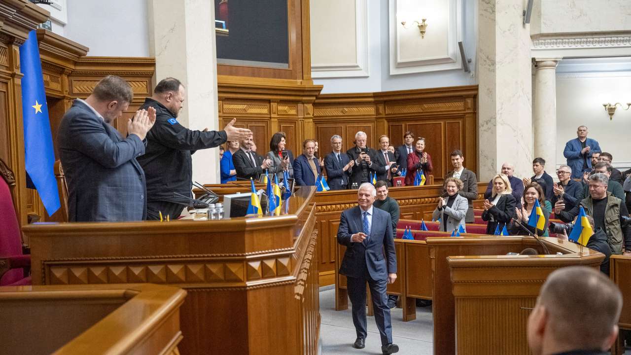 European Union Foreign Policy Chief Borrell addresses Ukrainian lawmakers during a parliament session in Kyiv