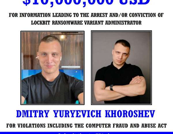 A wanted poster released by law enforcement shows a reward for an alleged member of the cybercrime gang LockBit, Dmitry Yuryevich Khroroshev