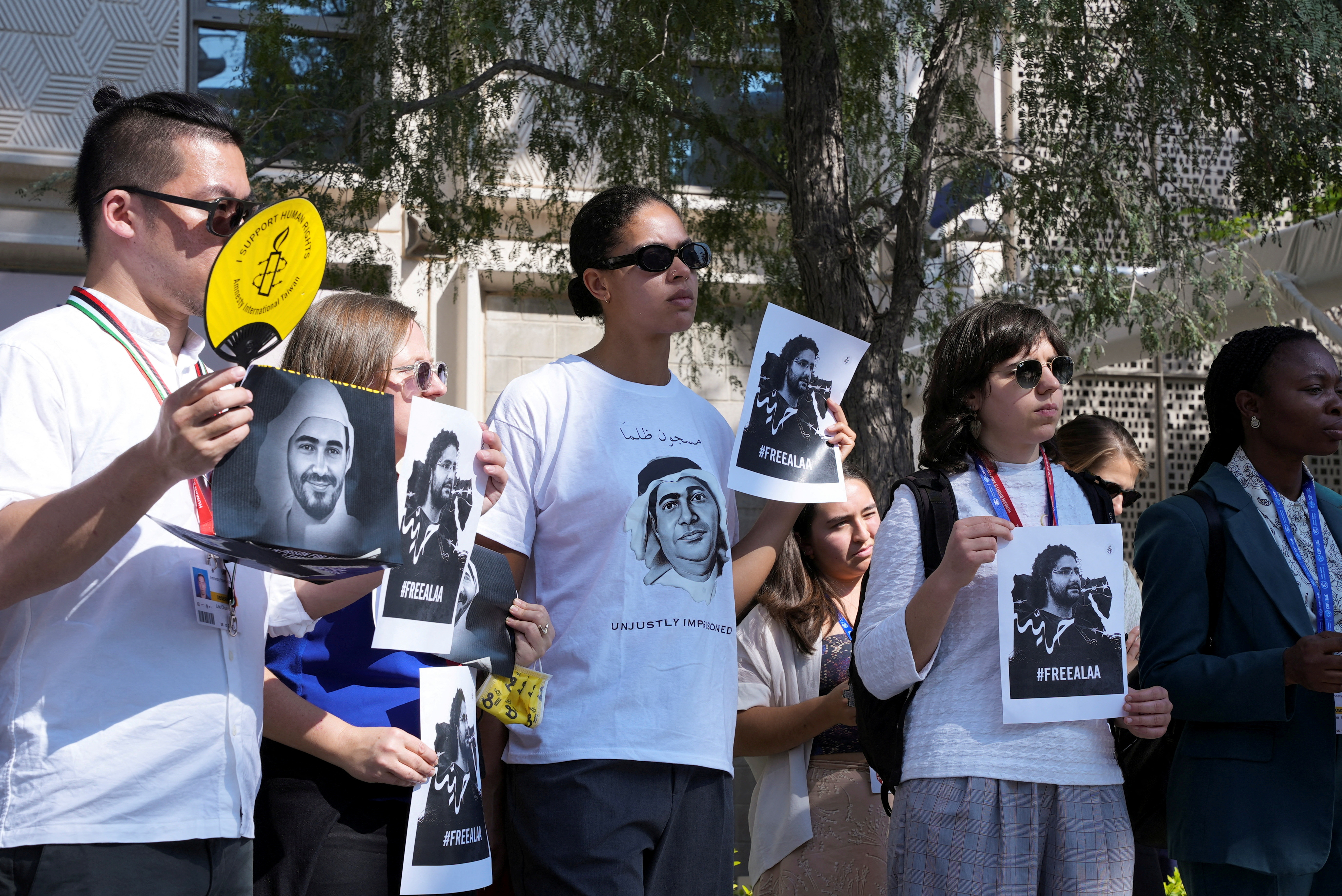 Human rights advocates protest in solidarity with political prisoners in Egypt and United Arab Emirates on the sidelines of the United Nations Climate Change Conference COP28 in Dubai