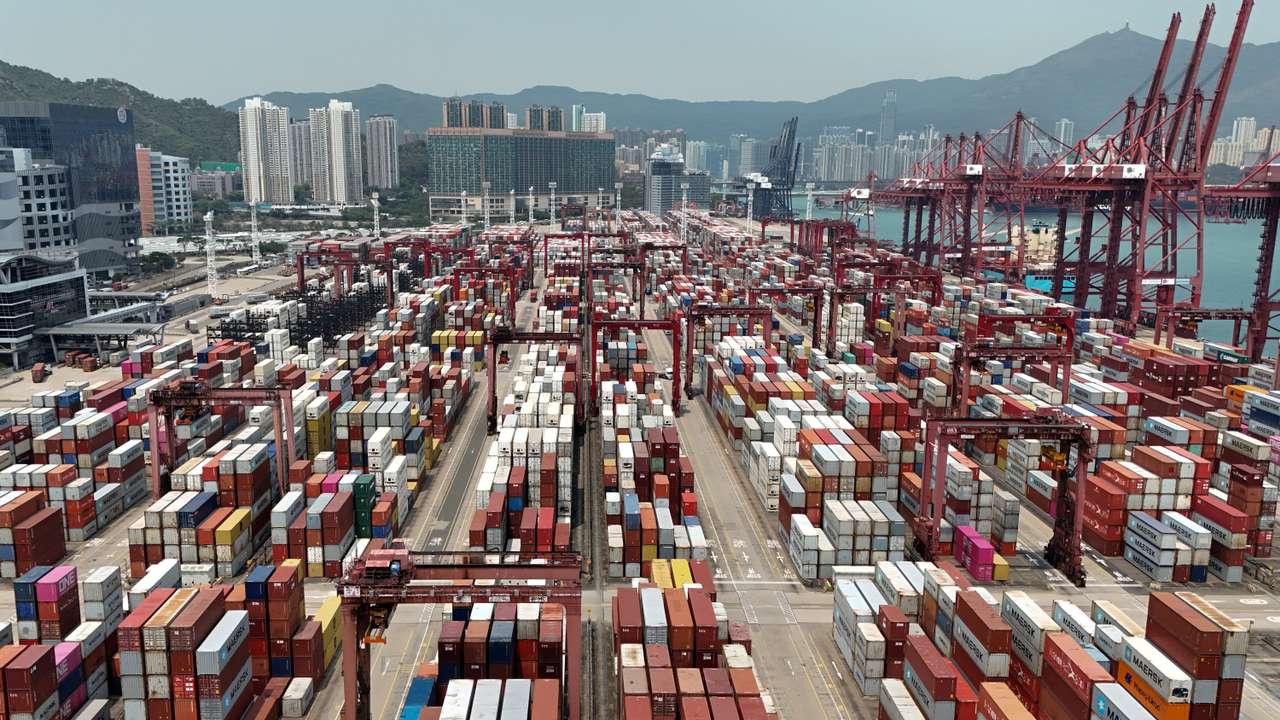 A drone view shows container terminals at Kwai Chung in Hong Kong