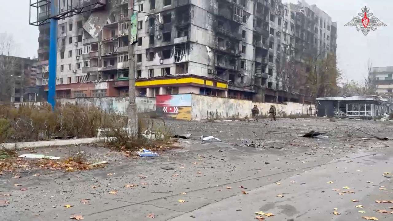 View of a damaged apartment building in Pokrovsk