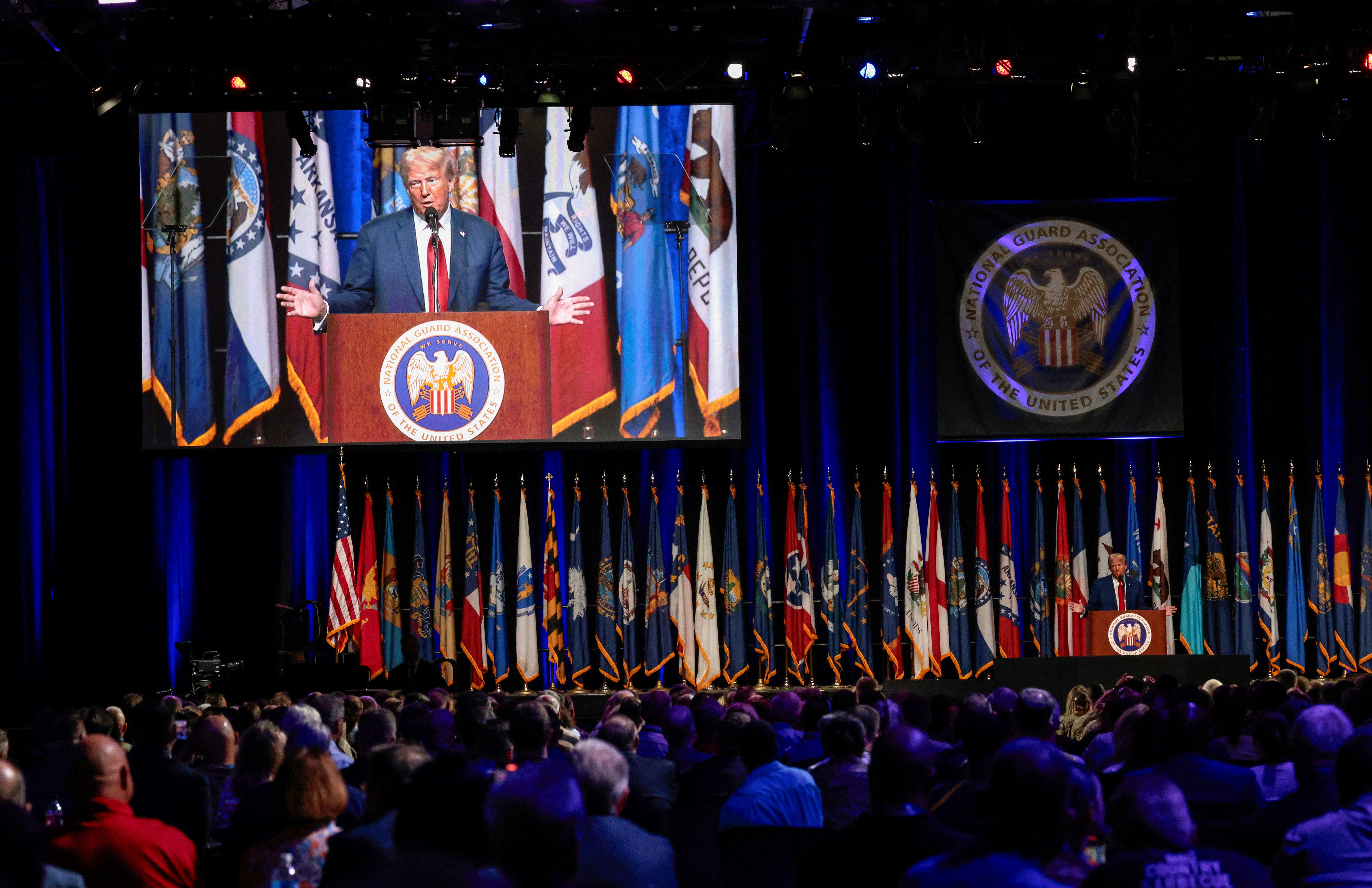 Republican presidential nominee and former U.S. President Donald Trump speaks at the National Guard of the United States NGAUS General Conference in Detroit,