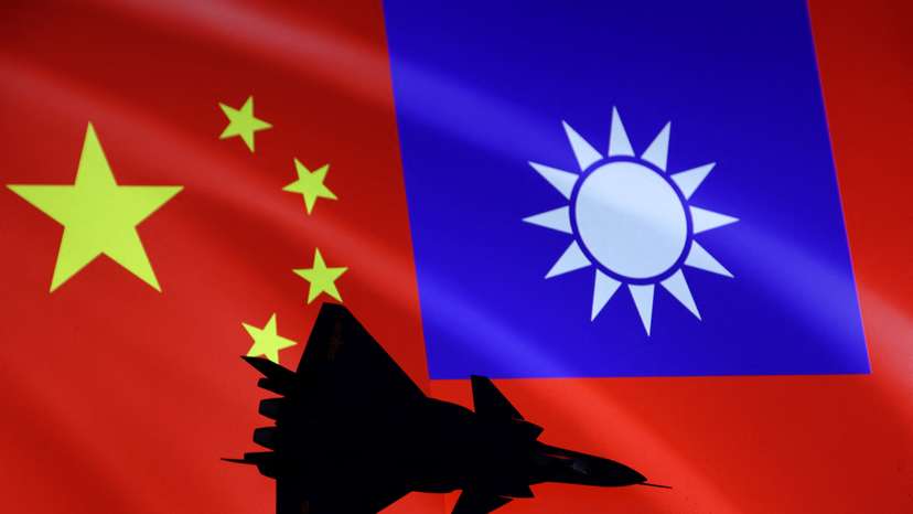Illustration shows airplane, Chinese and Taiwanese flags