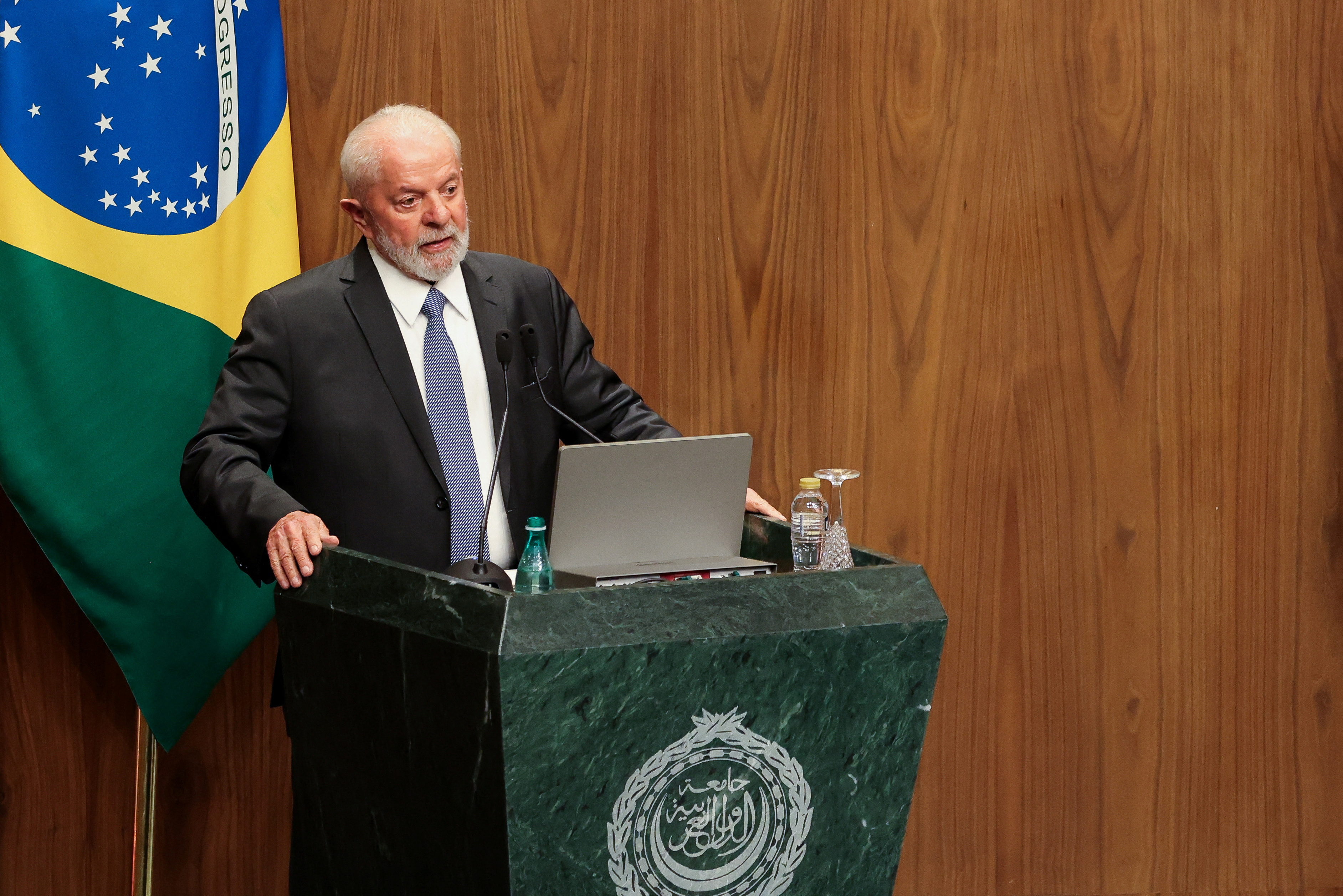 FILE PHOTO: Brazil's President Luiz Inacio Lula da Silva gives a speech during his visit to the Arab League headquarters, in Cairo